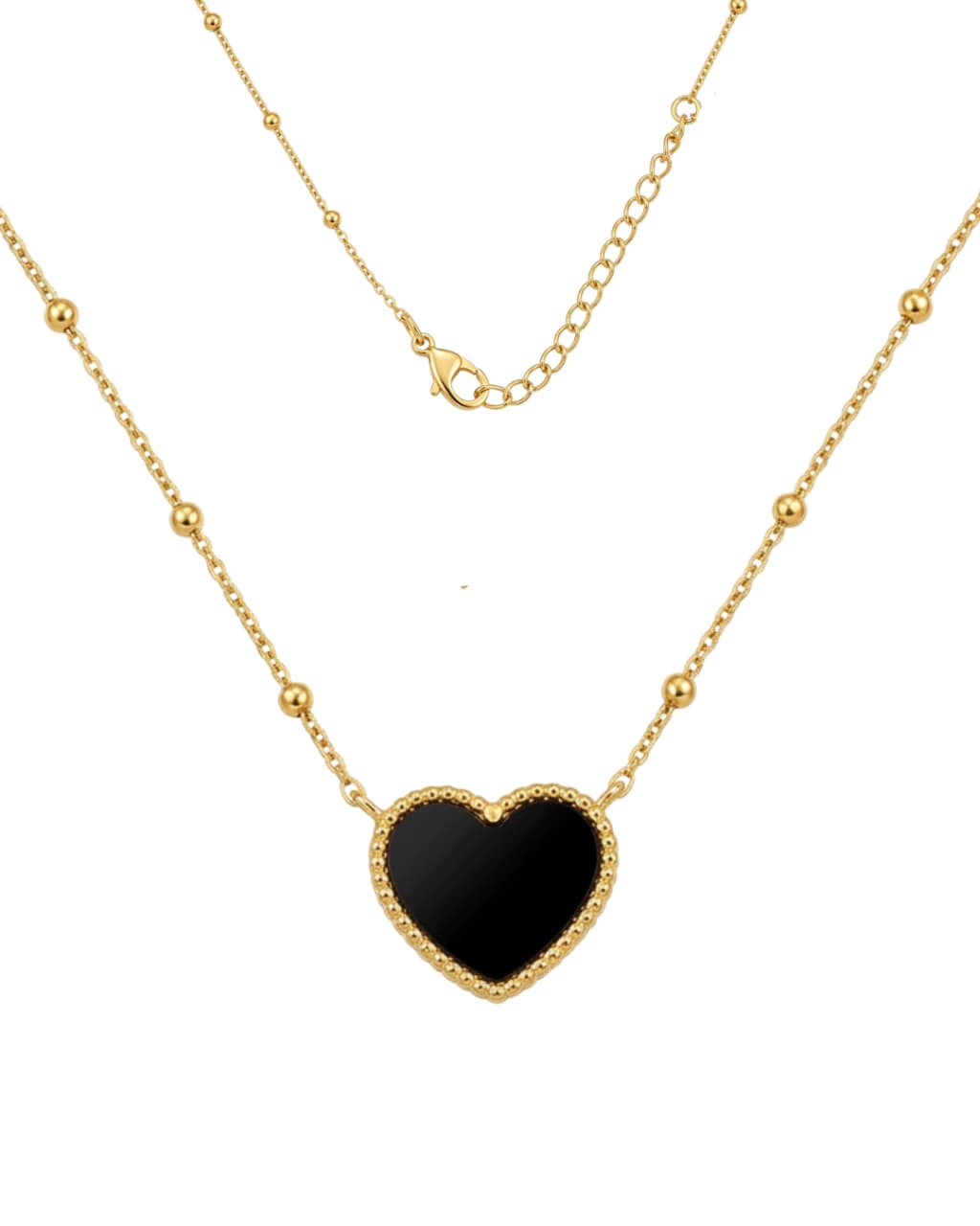 Colar Veneziana Bolinhas e Pingente de Coração Preto Resinado 40cm + 8cm no Dourado
